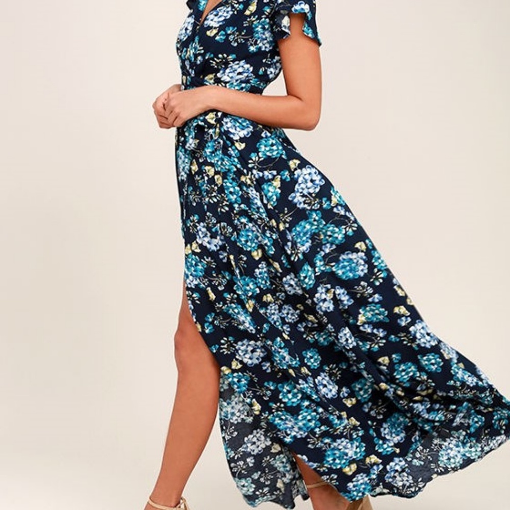 Navy Blue Floral Print Wrap Maxi Dress